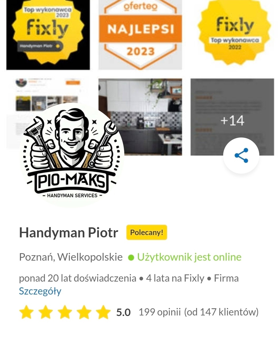 Profil Handyman Piotr z ocenami, logo i nagrodami Fixly/Oferteo. Widoczny fragment kuchni. Informacje o doświadczeniu i rekomendacji. Użytkownik online.
