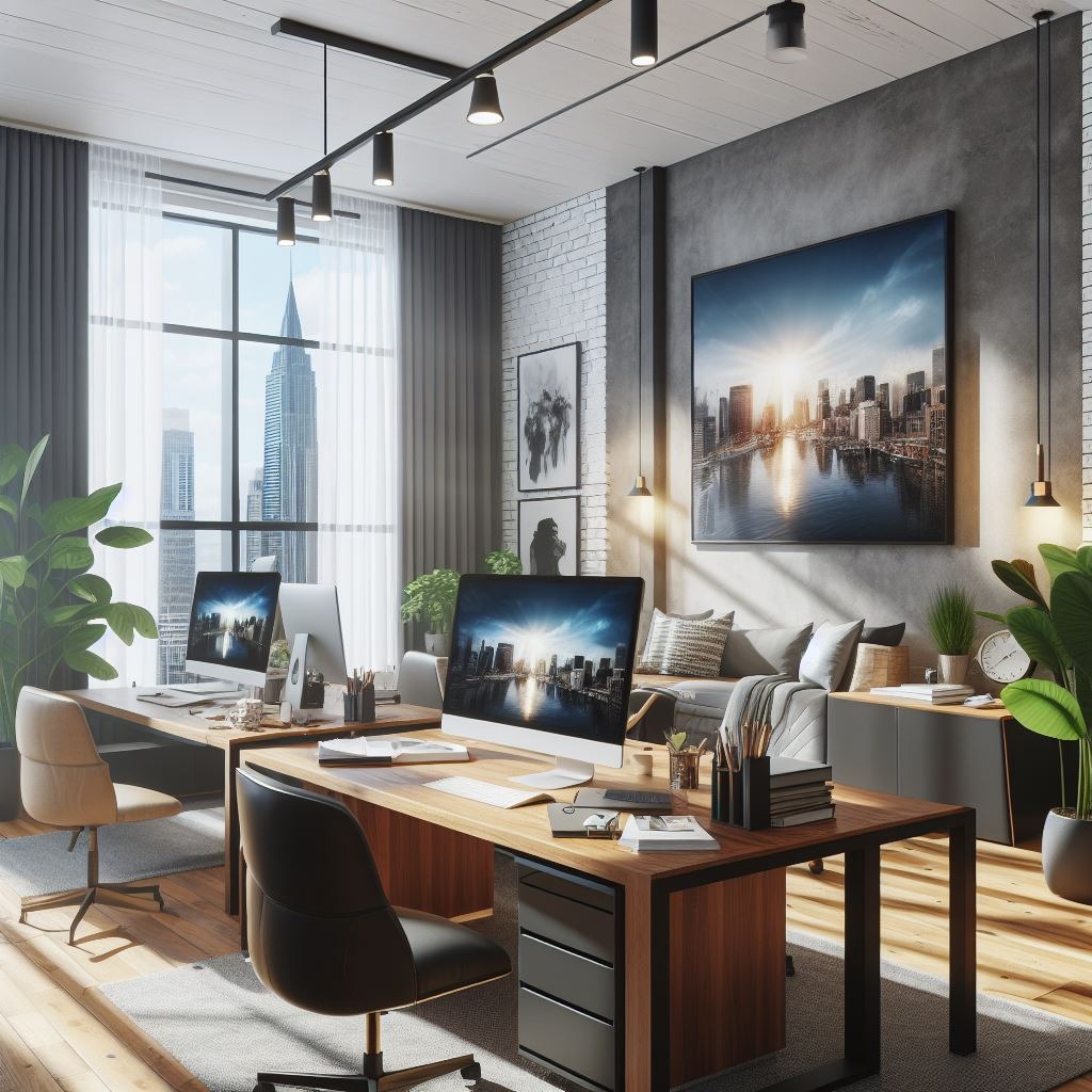 Nowoczesne biuro z dwoma stanowiskami pracy, widok na miasto za oknem, betonowa ściana z obrazem panoramy miejskiej, drewniane biurka z czarnymi akcentami, designerskie krzesła, oświetlenie...