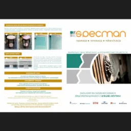 Ulotka reklamowa firmy Specman, oferującej naprawę i renowację powierzchni twardych, prezentująca przykłady renowacji mebli i drzwi oraz logo firmy.