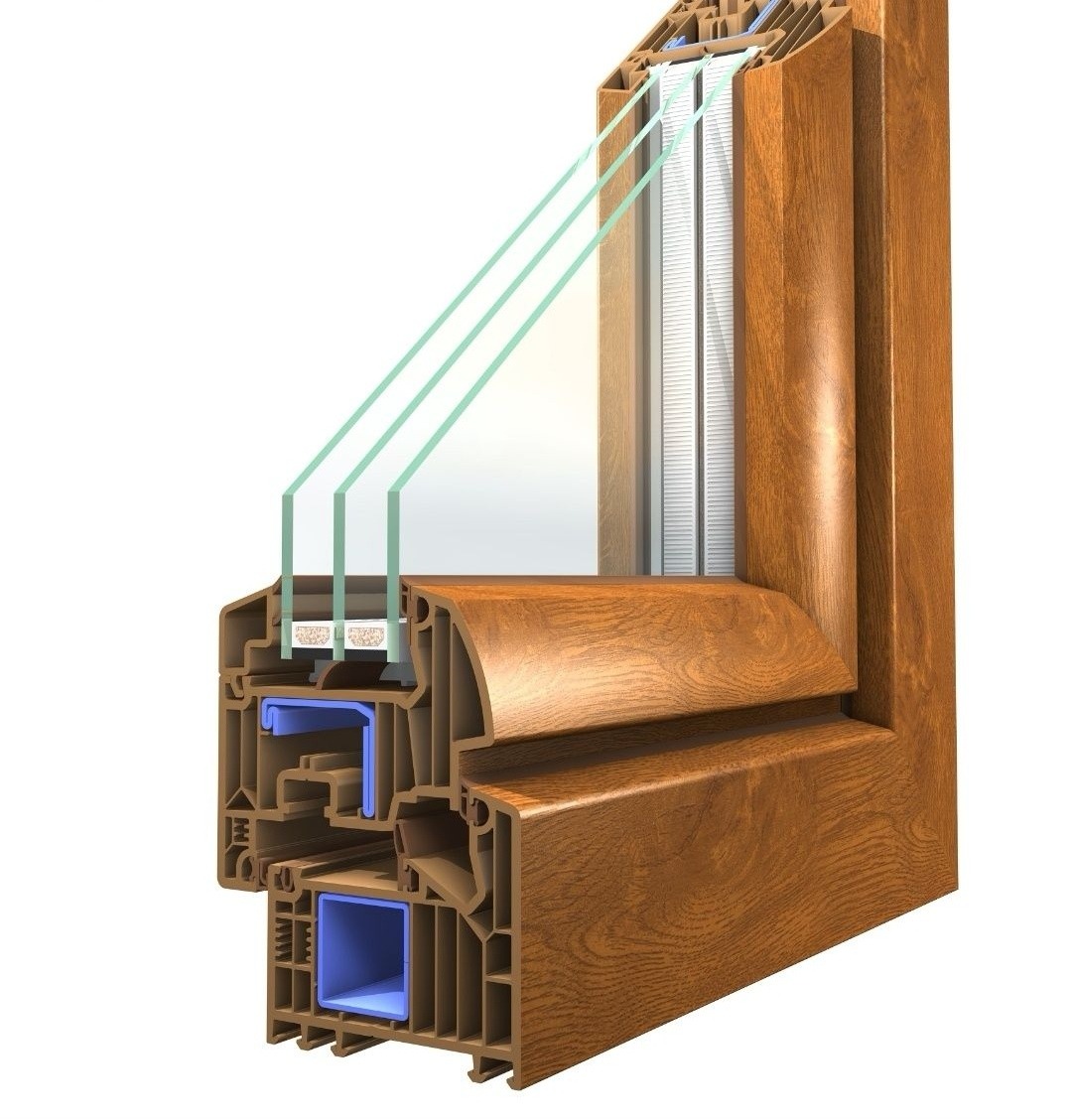 Przekrój okna z potrójnym szkleniem, ukazujący profile PCV w kolorze drewna i detale konstrukcyjne.