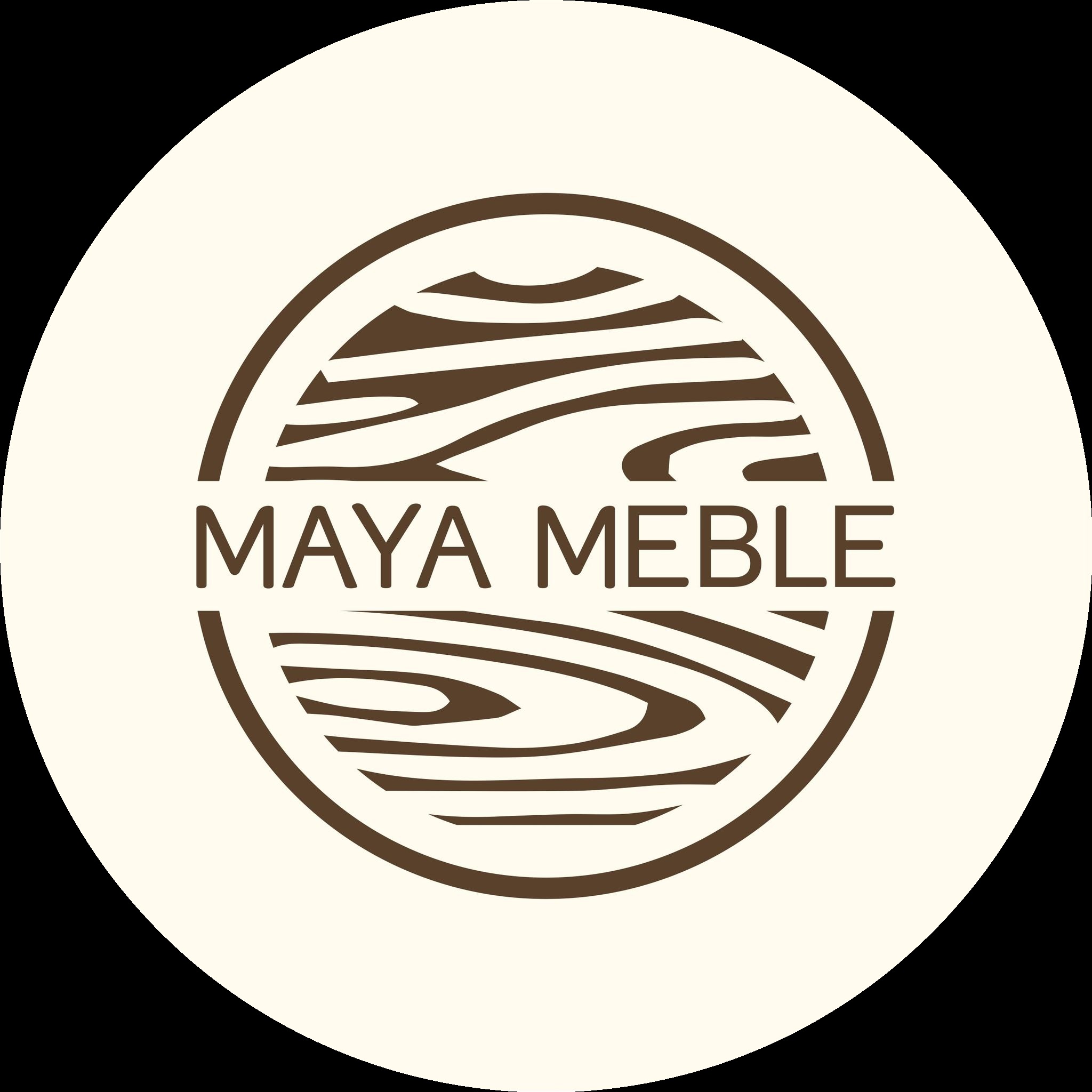 Okrągłe logo firmy Maya Meble z brązowym obrysem i stylizowanymi słojami drewna wewnątrz, na kremowym tle.