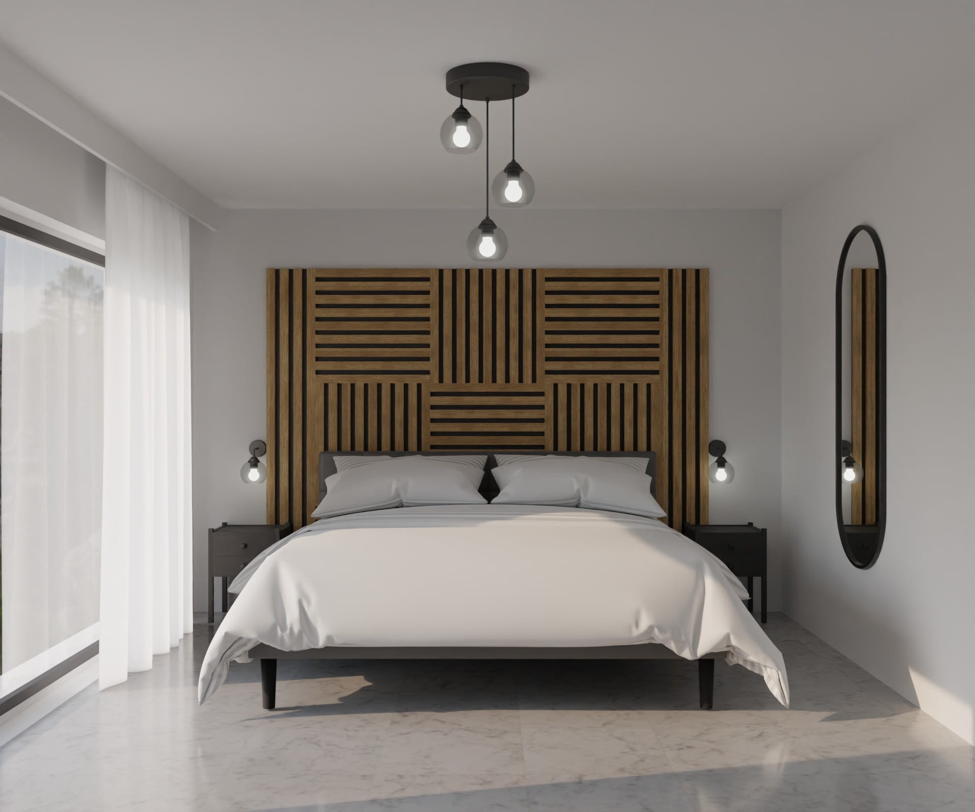 Nowoczesna sypialnia z drewnianym zagłówkiem w geometryczny wzór, minimalistycznym oświetleniem i marmurową podłogą.