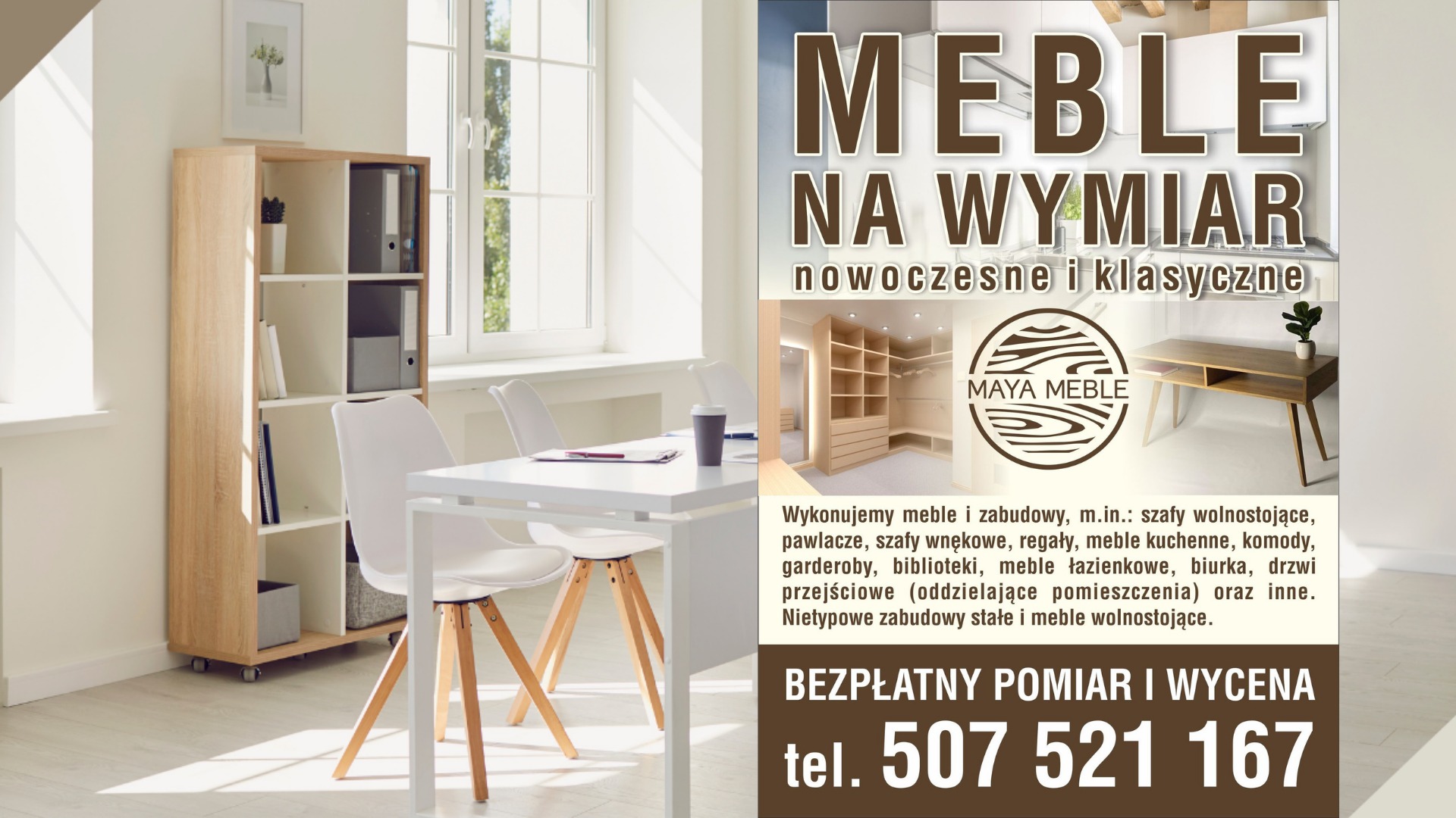 Jasne wnętrze biura z biurkiem, krzesłami i regałem na kółkach, obok okna; na plakacie reklama mebli na wymiar.