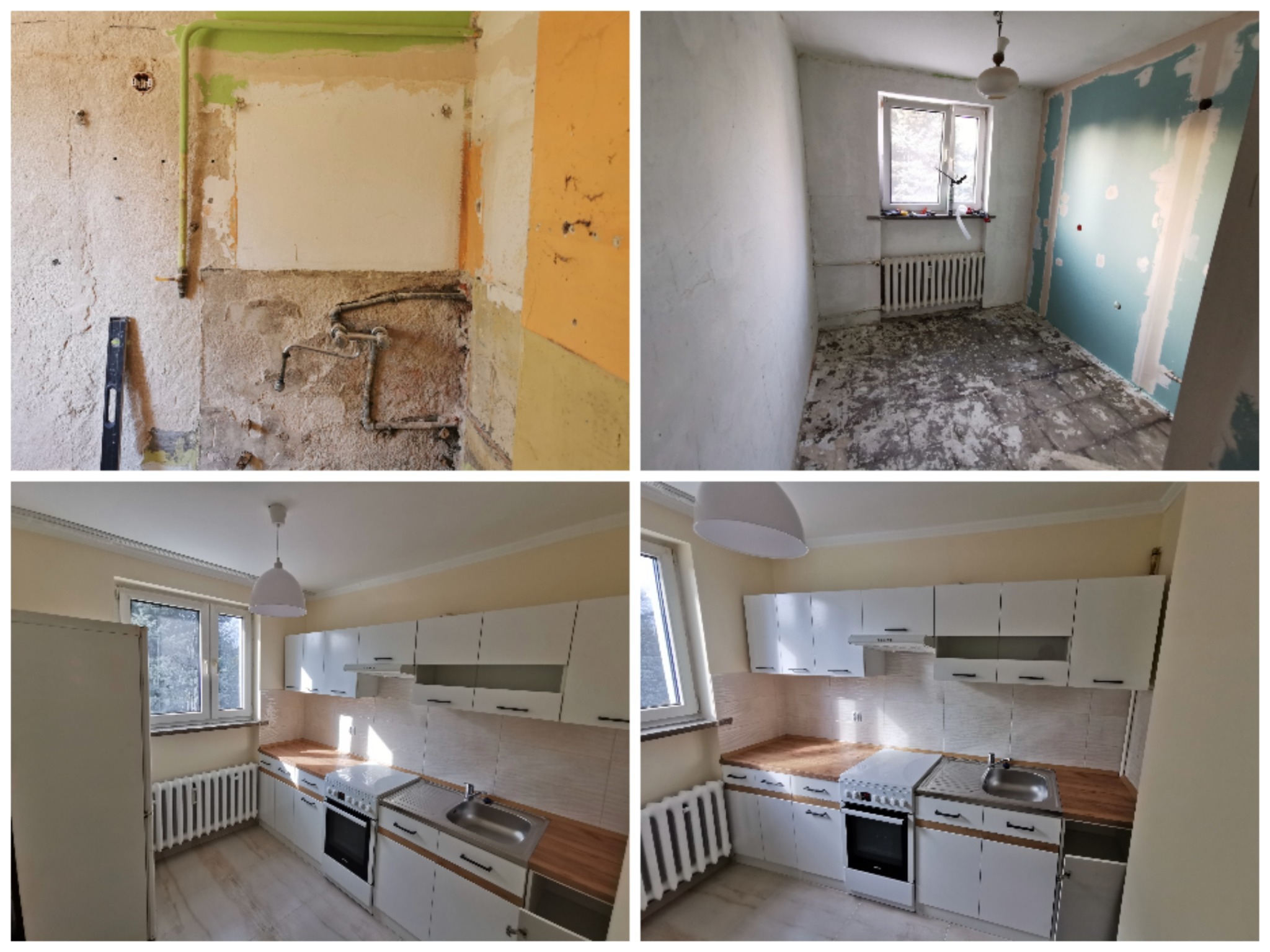 Kolaż zdjęć przedstawiający remont mieszkania: stan surowy kuchni z odsłoniętymi instalacjami, przygotowanie ścian do malowania, oraz gotowa kuchnia z białymi meblami i drewnianym blatem.