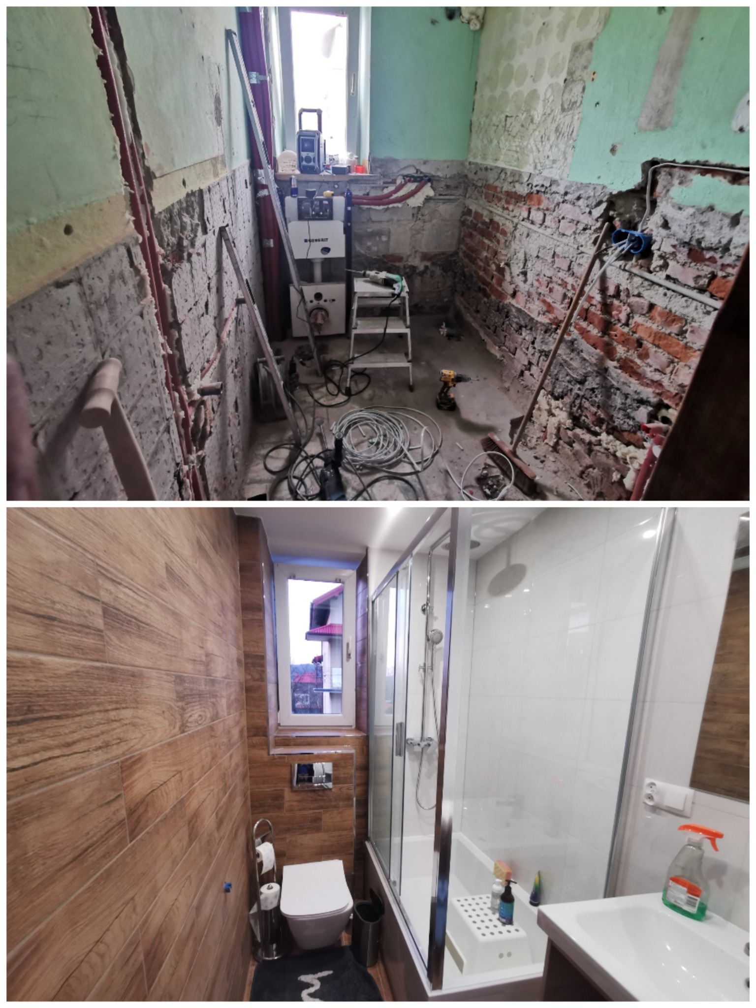 Zdjęcie przedstawia metamorfozę łazienki: górna część ukazuje stan przed, z odsłoniętą cegłą, instalacjami, sprzętem i narzędziami, a dolna część prezentuje łazienkę po remoncie z drewnopodobnymi...