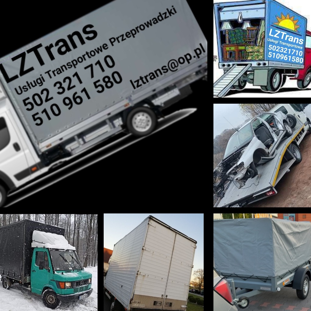 Zestawienie zdjęć różnych pojazdów transportowych: biała ciężarówka z napisem LZTrans, laweta z uszkodzonym samochodem, zielony samochód dostawczy w zimowym krajobrazie, biała furgonetka...