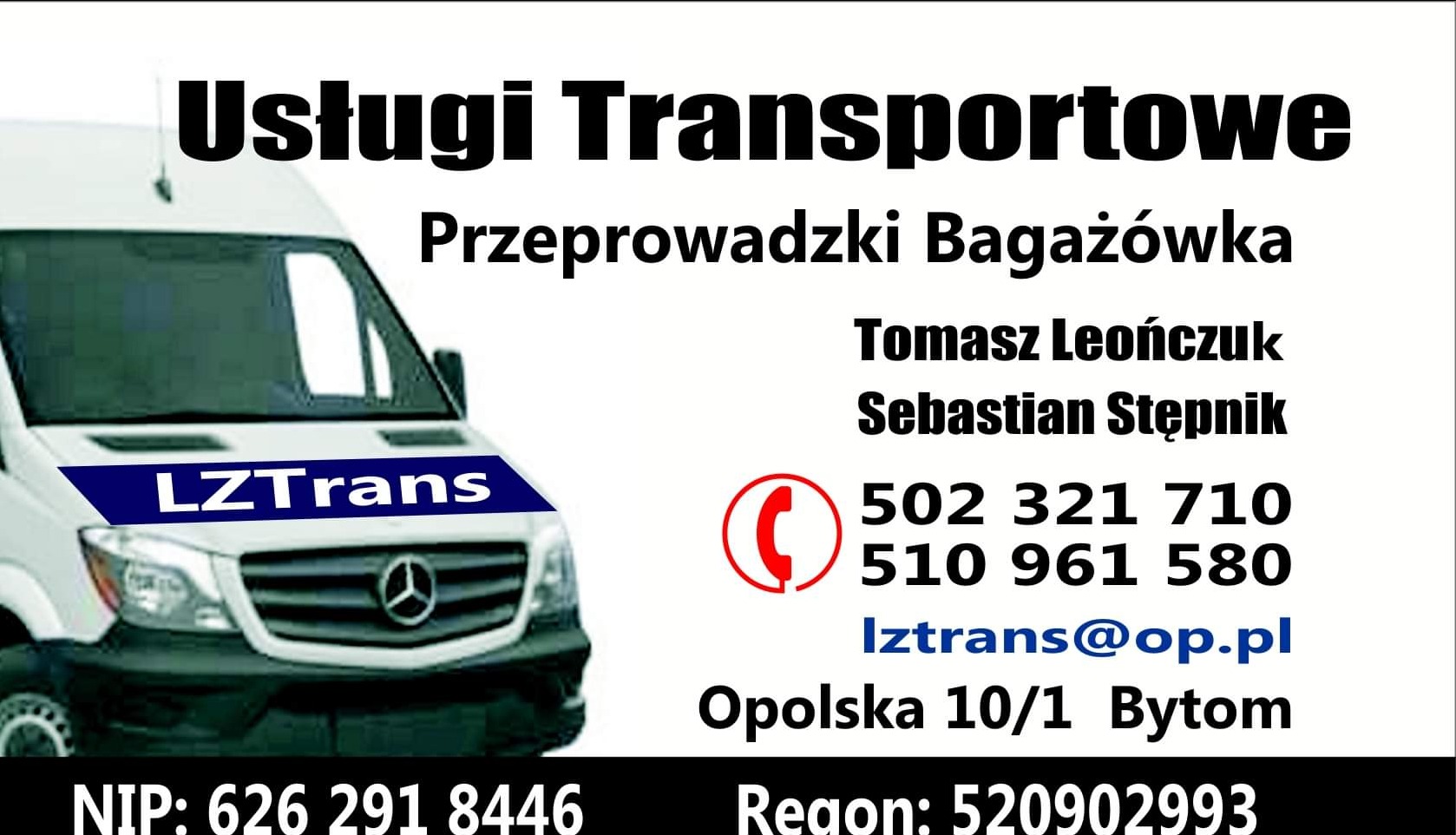 Grafika reklamowa firmy transportowej LZTrans z Bytomia, oferującej usługi przewozu i przeprowadzek. Na pierwszym planie biały bus marki Mercedes z niebieskim pasem z nazwą firmy. Widoczne dane...