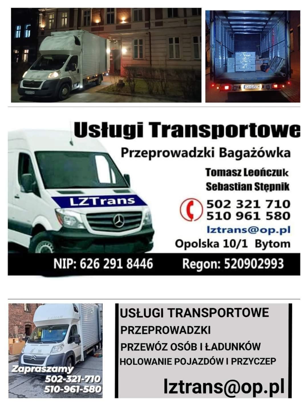 Kolaż zdjęć prezentujący biały samochód dostawczy firmy LZTrans na tle budynku oraz wnętrze załadowanego pojazdu, a także dane kontaktowe firmy.