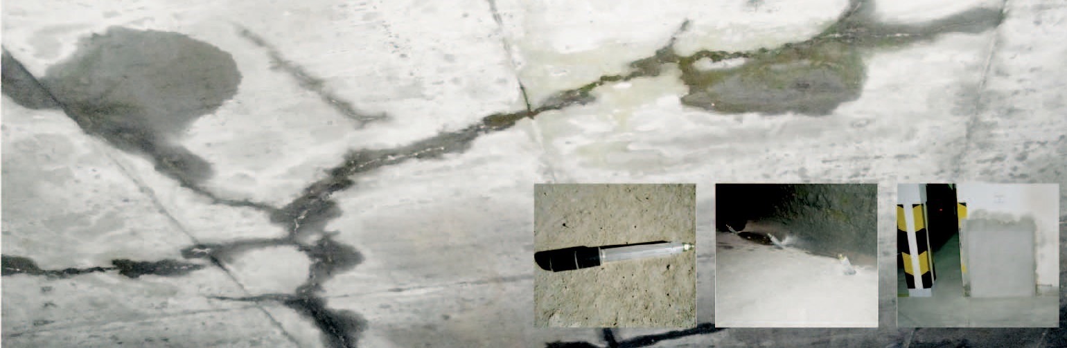 Wilgoć penetrująca betonową powierzchnię fundamentu, widoczne plamy wody i pęknięcia, dodatkowe zbliżenia na detale i uszkodzenia.