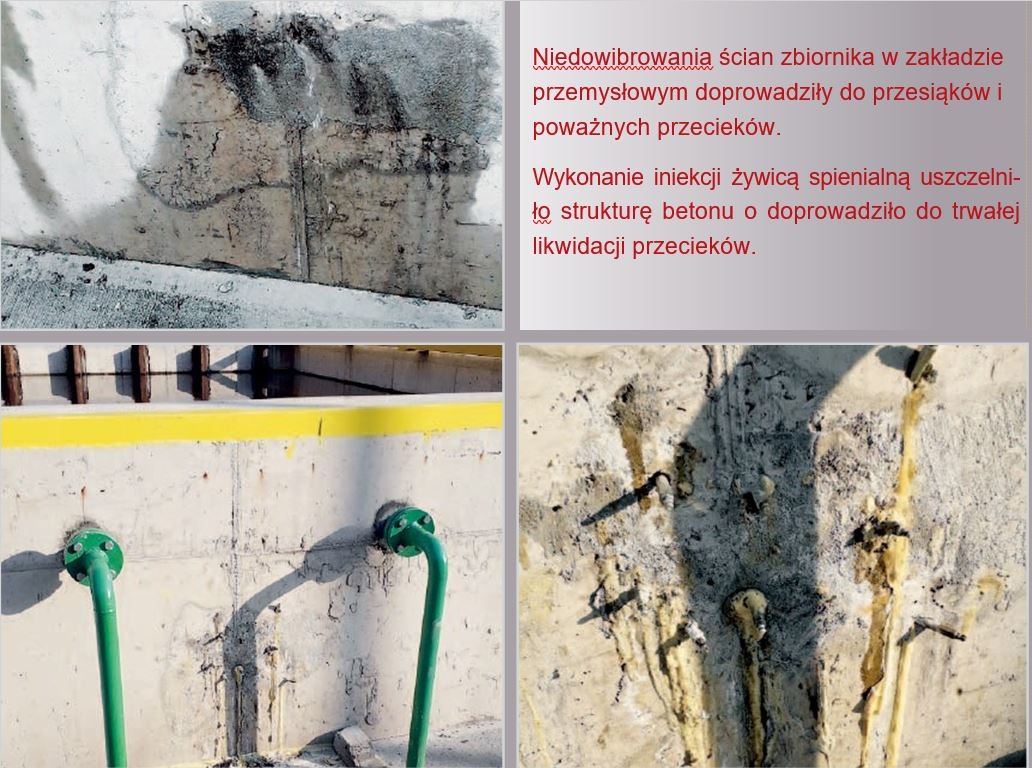 Cztery ujęcia betonowej konstrukcji, w tym ściany zbiornika z widocznymi śladami wilgoci i przecieków, oraz fragment z zielonymi rurami i żółtym pasem zabezpieczającym, a także zbliżenie na miejsca...
