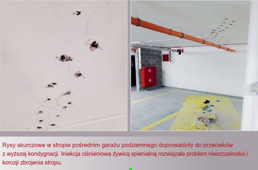 Ślady po iniekcji żywicy w stropie garażu podziemnego, z widocznymi pozostałościami wycieków i plamami na ścianie, oraz zabezpieczone miejsce pracy z żółtą folią ochronną na podłodze.