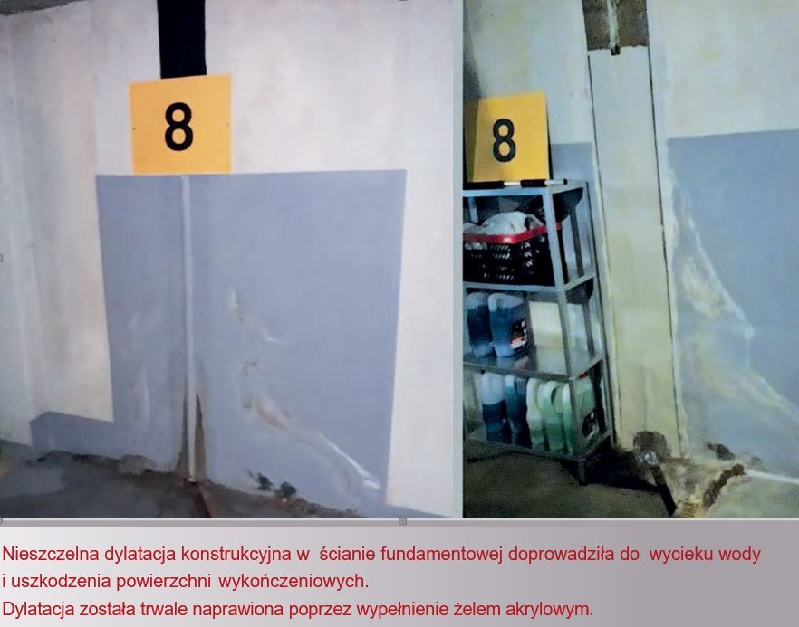 Nieszczelna dylatacja w ścianie fundamentowej z widocznymi śladami wycieku wody, naprawiona poprzez wypełnienie żelem akrylowym, oznaczona żółtą tabliczką z numerem 8.