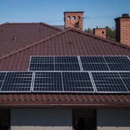 Panele słoneczne zamontowane na brązowym dachu domu jednorodzinnego z ceglanymi kominami i anteną satelitarną na tle błękitnego nieba.