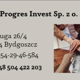 Wizytówka firmy Progres Invest Sp. z o.o. z adresem, numerem NIP i telefonem, obok zdjęcie zjednoczonych dłoni symbolizujące współpracę.
