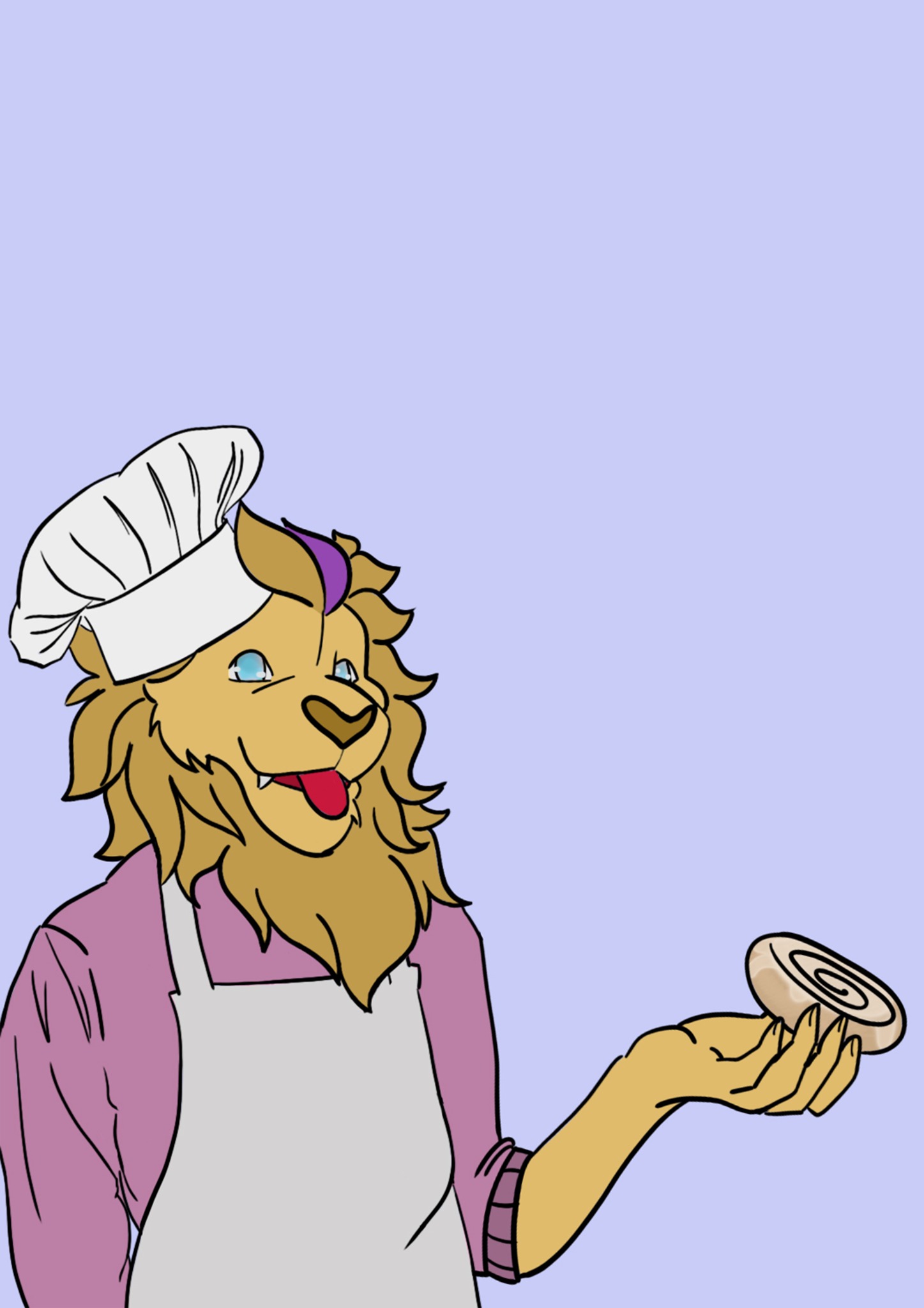 Kreskówkowy lew w czapce kucharskiej i fartuchu prezentuje cynamonową bułeczkę na dłoni przed jasnofioletowym tłem.