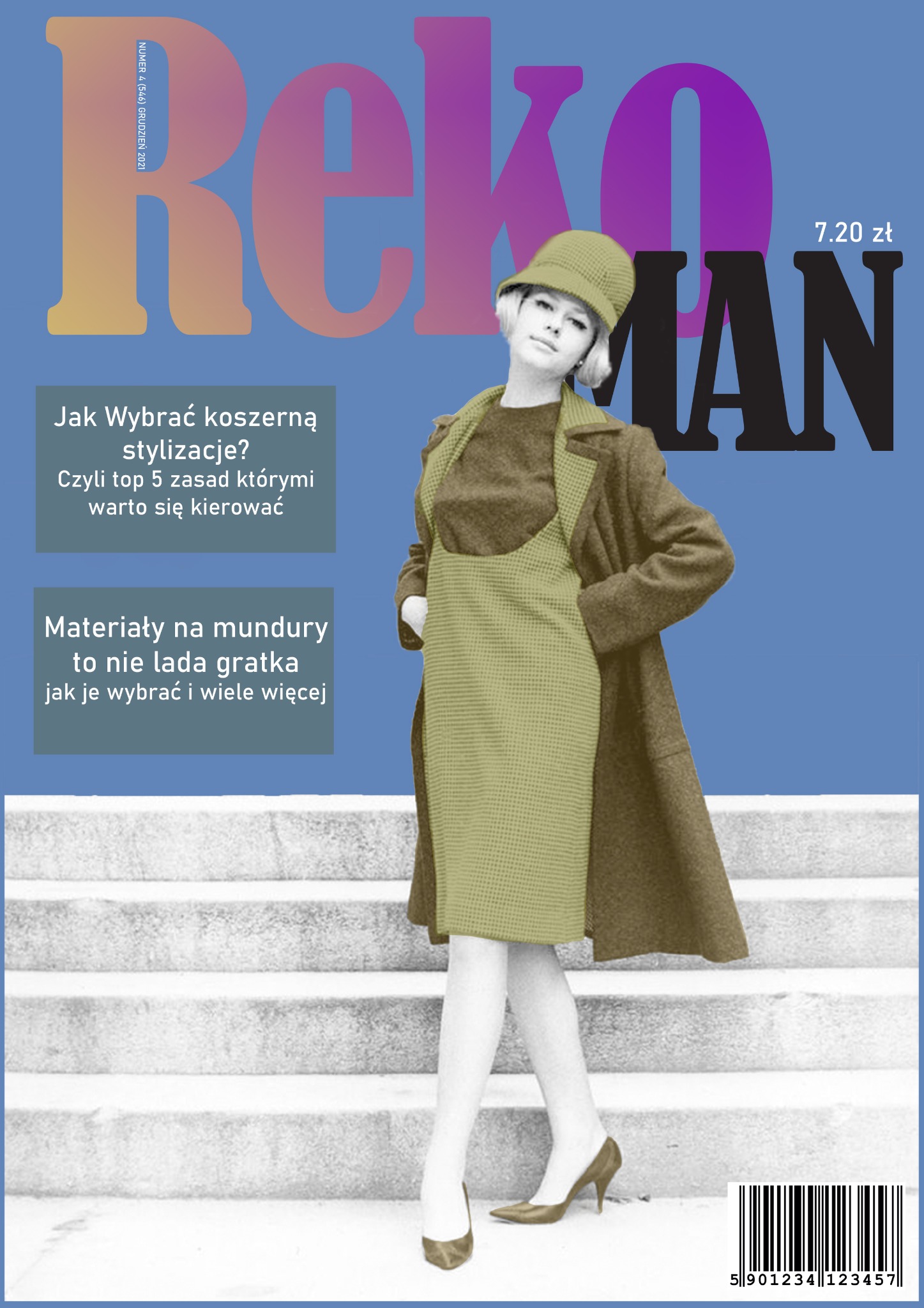 Okładka magazynu modowego z modelką w stylu retro, prezentującą jesienną stylizację: zielona sukienka, brązowy płaszcz i kapelusz, na tle schodów.