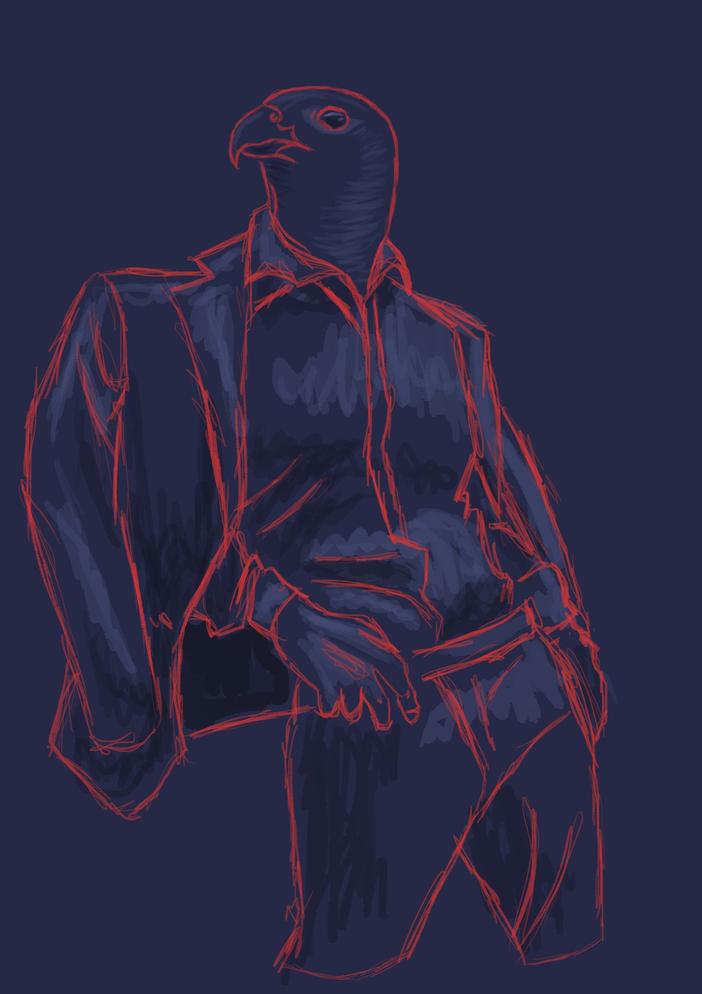 Szkic postaci: orla głowa w marynarce, czerwone kontury na ciemnoniebieskim tle.
