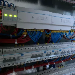 Rozdzielnica elektryczna z bezpiecznikami i okablowaniem w kolorach niebieskim i czerwonym, z widocznymi oznaczeniami na obudowie i diodami sygnalizacyjnymi.