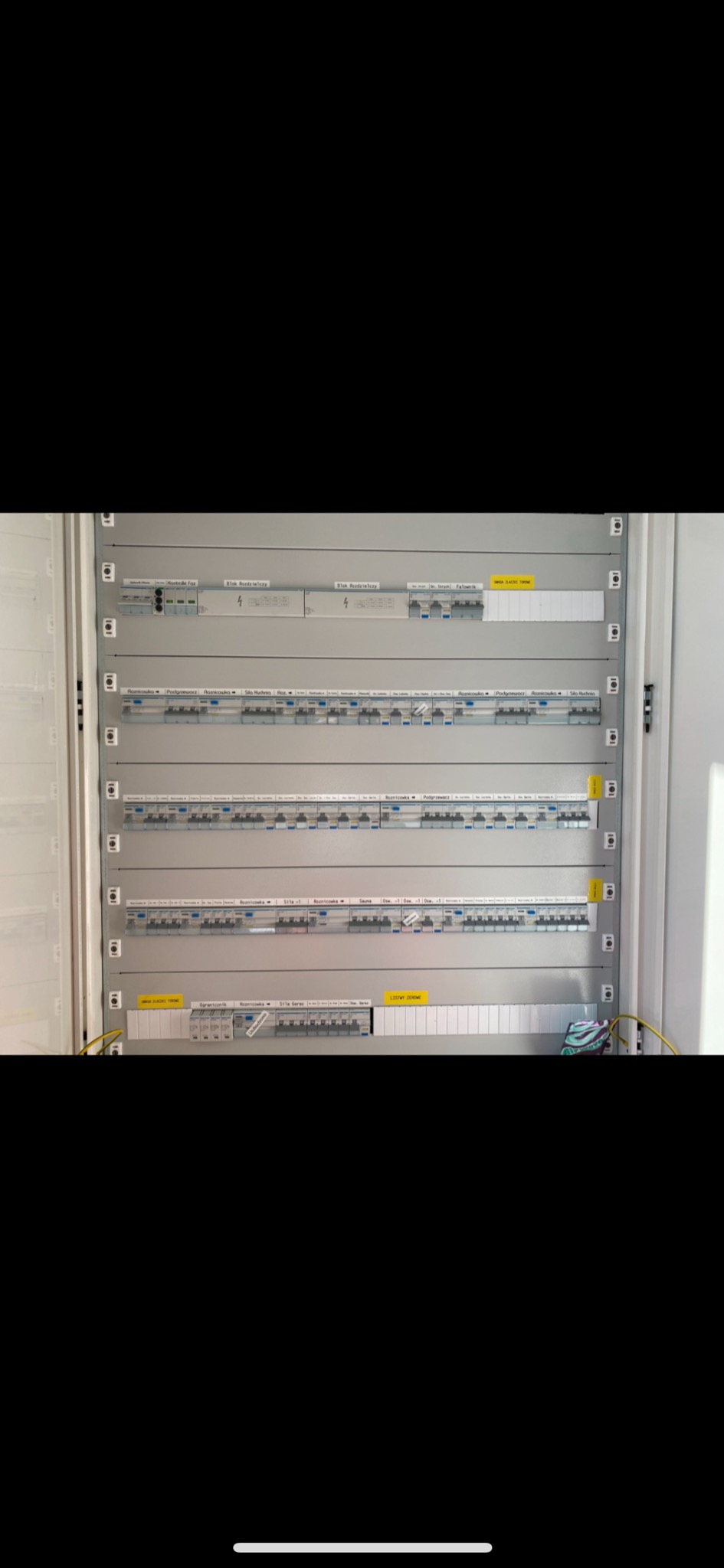 Rozdzielnica elektryczna z wieloma zabezpieczeniami różnicowoprądowymi i nadprądowymi, opisana etykietami, zamontowana wewnątrz białej szafki.