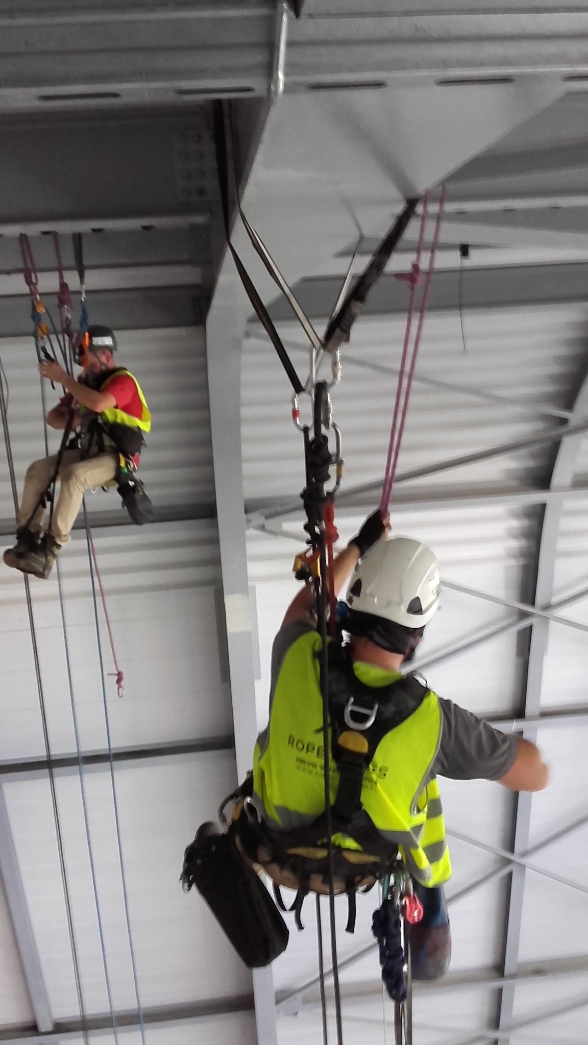 Dwóch pracowników w kaskach i kamizelkach odblaskowych, zabezpieczonych linami, wykonuje prace pod sufitem hali przemysłowej.
