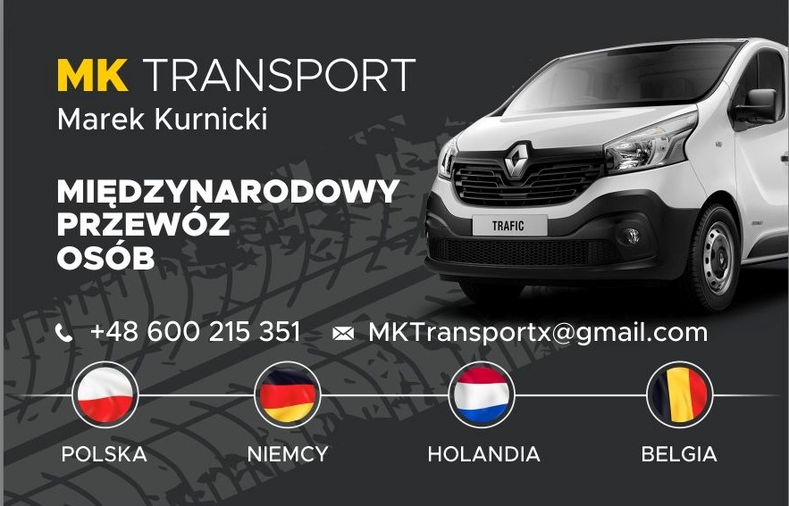 Grafika reklamowa firmy MK Transport, oferującej międzynarodowy przewóz osób, z numerem telefonu, adresem email oraz flagami Polski, Niemiec, Holandii i Belgii, a także zdjęciem białego busa...