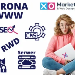 Kobieta w okularach siedzi ze skrzyżowanymi nogami i trzyma laptopa z naklejką logo na tle elementów graficznych związanych z witrynami internetowymi, takich jak SEO, CMS, RWD, Serwer i SSL.