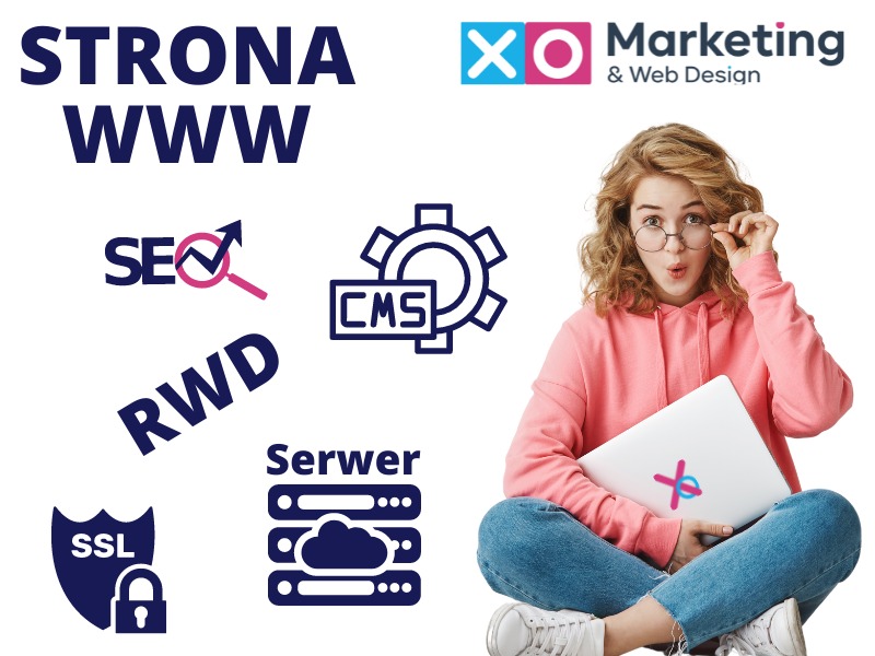 Kobieta w okularach siedzi ze skrzyżowanymi nogami i trzyma laptopa z naklejką logo na tle elementów graficznych związanych z witrynami internetowymi, takich jak SEO, CMS, RWD, Serwer i SSL.