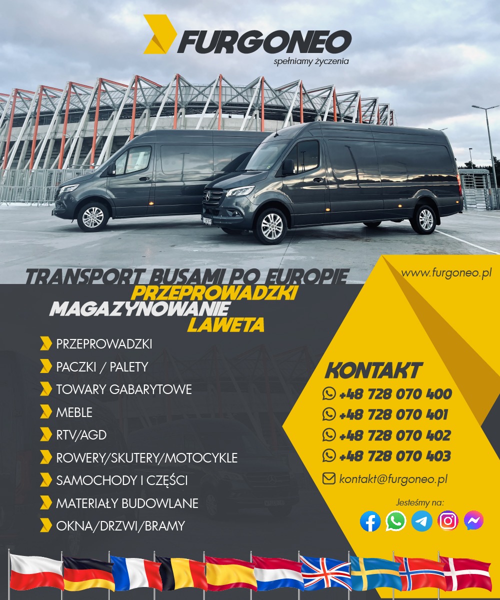 Dwa szare busy marki Mercedes-Benz Sprinter zaparkowane na placu przed stadionem, z widocznym logo firmy 'FURGONEO' oraz informacjami o transporcie busem, przeprowadzkach, magazynowaniu i lawetach.
