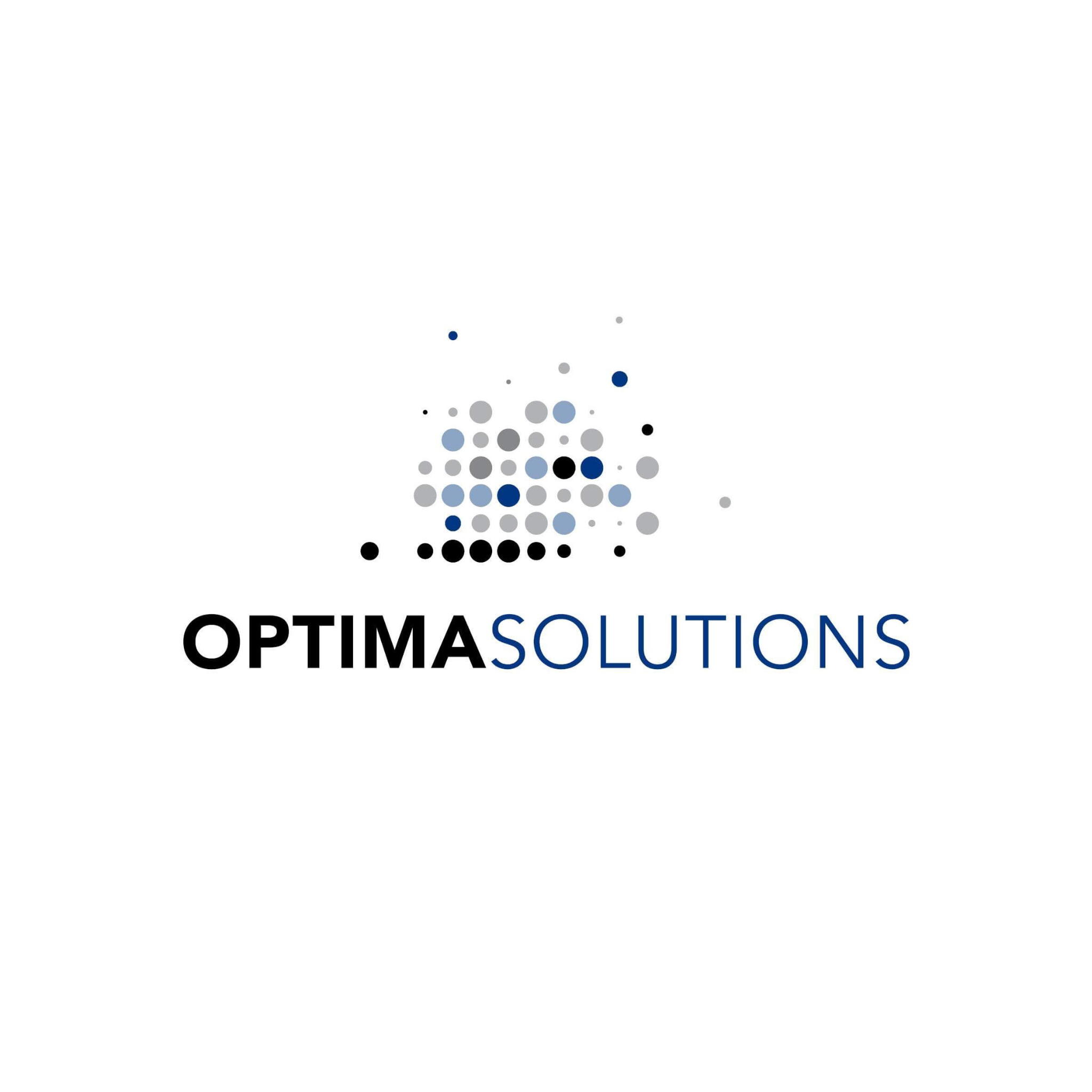 Logo firmy OptimaSolutions z motywem kropek w odcieniach szarości i niebieskiego powyżej nazwy.