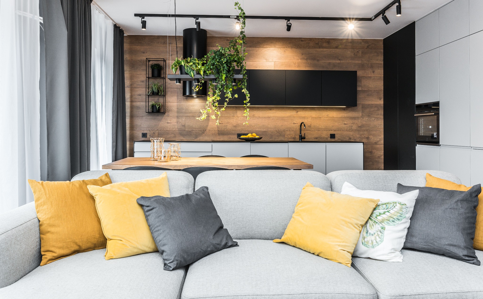 Salon z szarą sofą i żółto-szarymi poduszkami na tle nowoczesnej kuchni z drewnianą ścianą, czarnymi szafkami i wiszącymi roślinami.