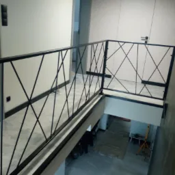Wnętrze z czarną balustradą o geometrycznym wzorze krzyżujących się prętów, widok z góry na fragment schodów i zabezpieczoną podłogę.
