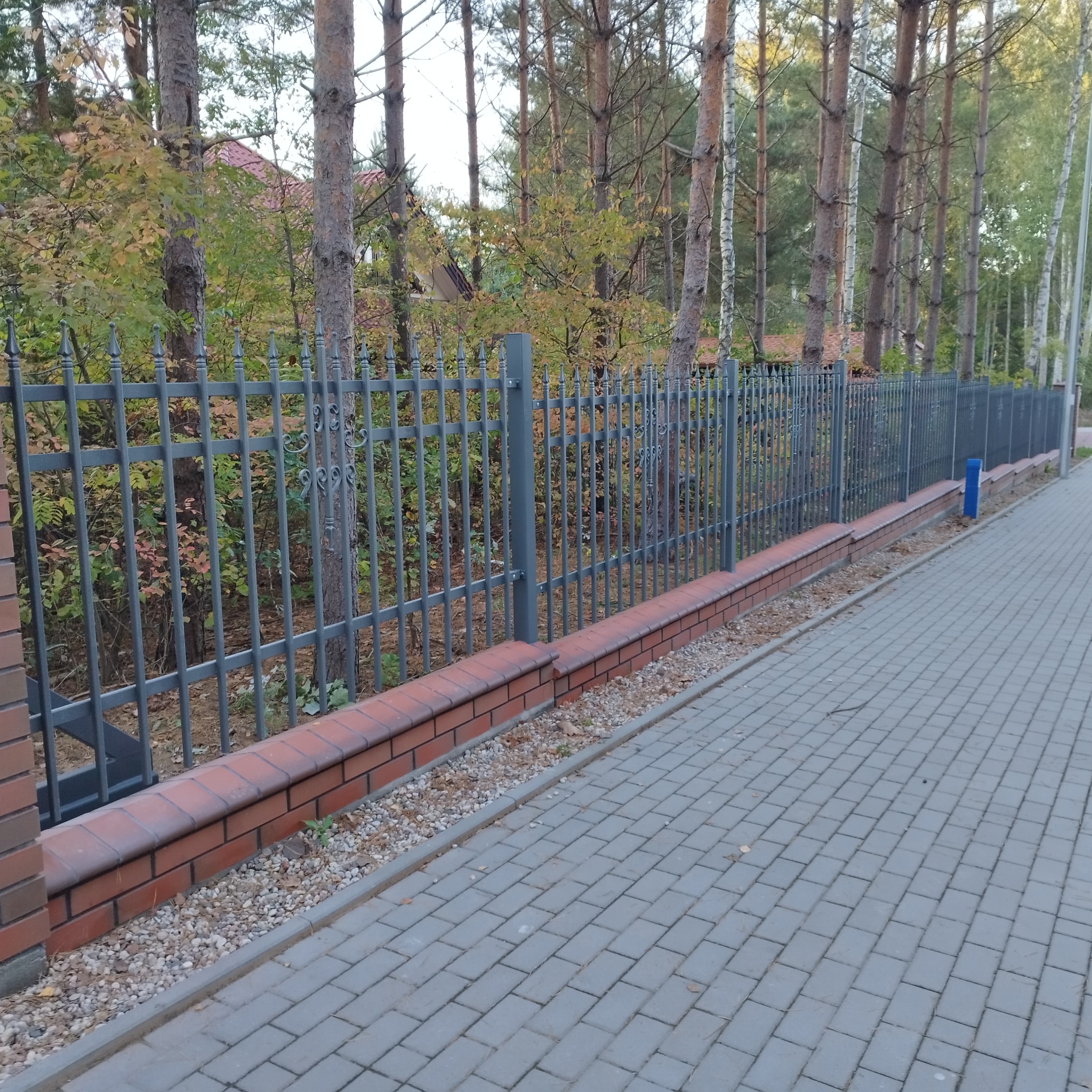 Szary metalowy płot z dekoracyjnymi grotami, osadzony na niskim murku z czerwonej cegły, oddzielający posesję od chodnika z kostki brukowej i lasu sosnowego w tle.