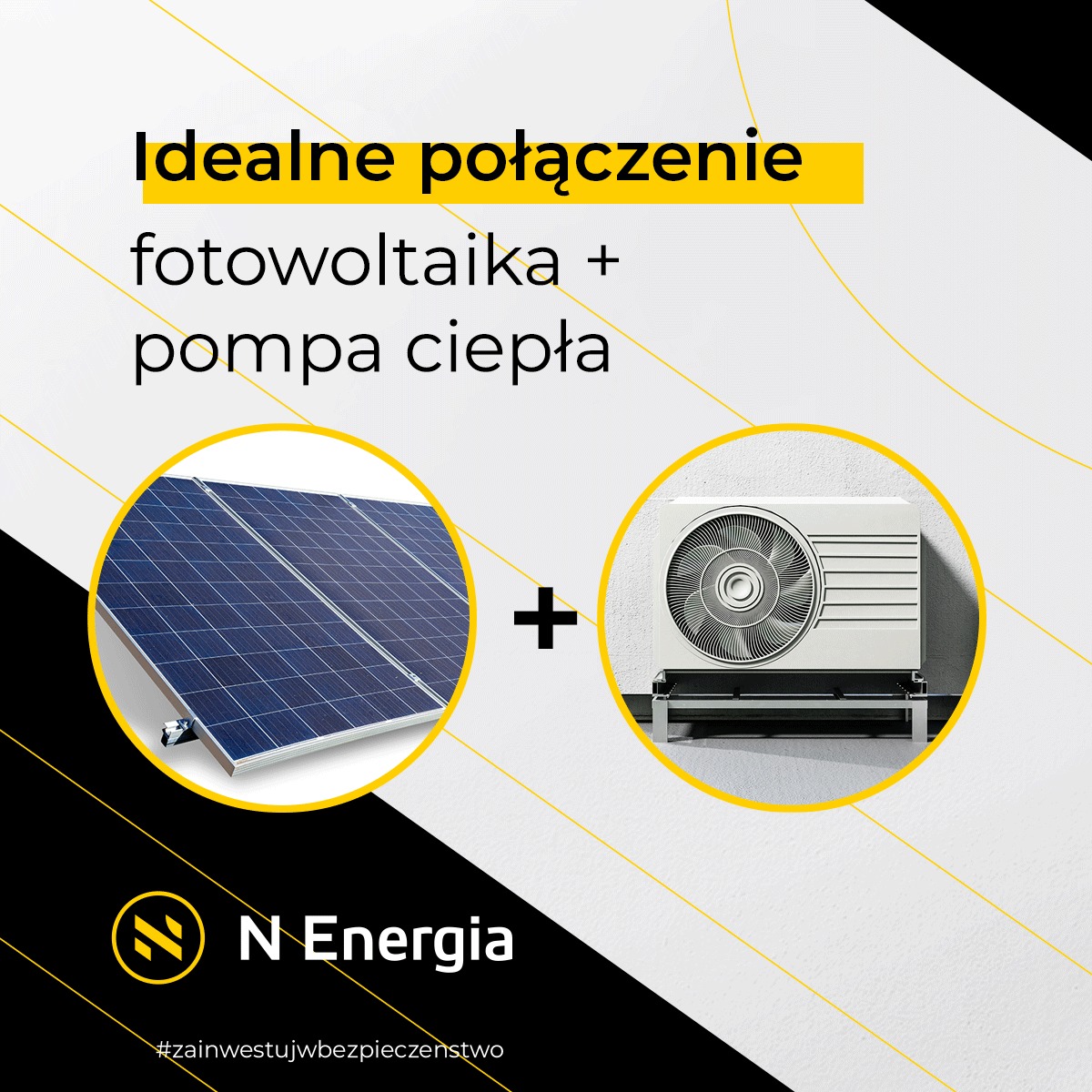 Grafika reklamowa prezentująca połączenie paneli fotowoltaicznych i urządzenia grzewczego, z logotypem firmy N Energia w lewym dolnym rogu.