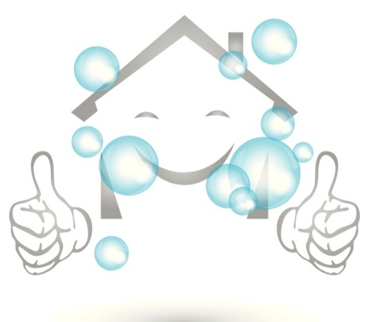 Grafika przedstawiająca uproszczony szary kontur domu z uśmiechem, otoczony bąbelkami i z dwiema rękami pokazującymi kciuki w górę.