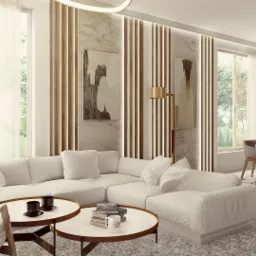 Jasny salon z narożną sofą, okrągłymi stolikami kawowymi, marmurową ścianą z dekoracyjnymi panelami i obrazami, oraz widoczną jadalnią z drewnianym stołem i krzesłami.