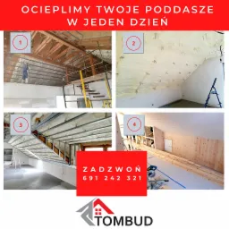 Cztery ujęcia poddasza: pracownik w kombinezonie natryskuje izolację, widok na izolację z metalowymi mocowaniami, izolacja pod konstrukcją dachu, oraz wykończone drewnem poddasze z piłą tarczową.