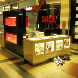 Stoisko handlowe w centrum handlowym z podświetlanymi gablotami, dekoracjami w kształcie serc i rozrzuconymi opakowaniami produkt&oacute;w na podłodze.