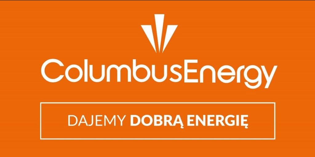 Pomarańczowe tło z białym logo ColumbusEnergy i hasłem 'DAJEMY DOBRĄ ENERGIĘ' w białej ramce.