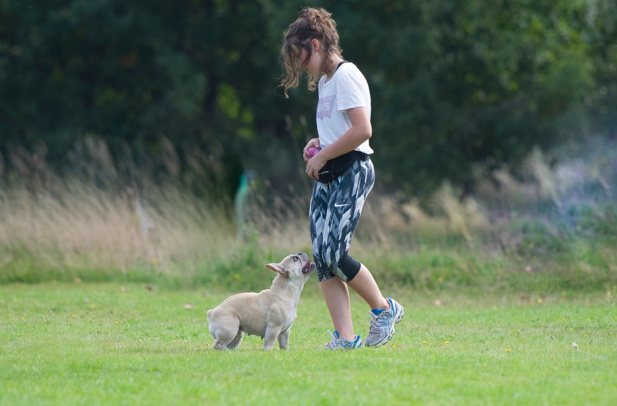 Kobieta w sportowym stroju trzymająca piłkę, a mały buldog francuski patrzy na nią z otwartym pyskiem na trawniku.