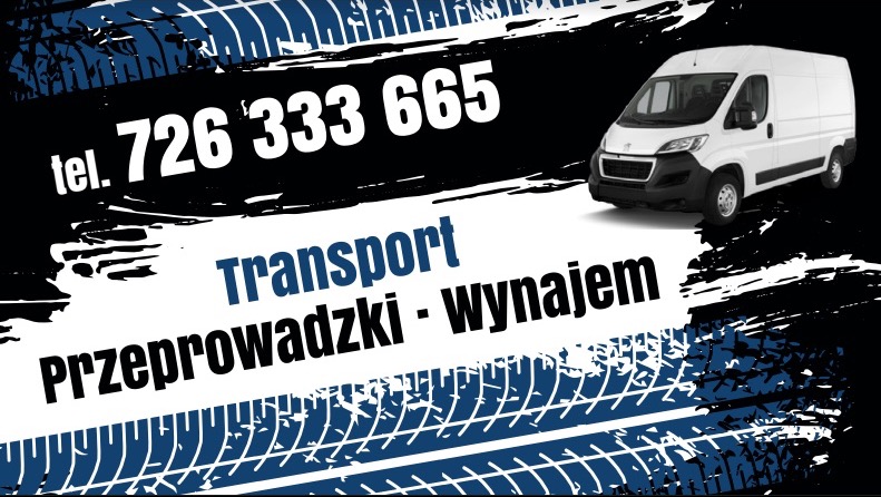 Grafika reklamowa: biały bus na tle z numerem telefonu, hasłami 'Transport - Wynajem', 'Przeprowadzki', oraz wzorem opon.