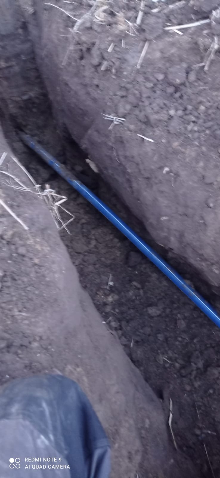 Błękitna rura ułożona w wąskim wykopie w ziemi z resztkami uschniętej trawy.