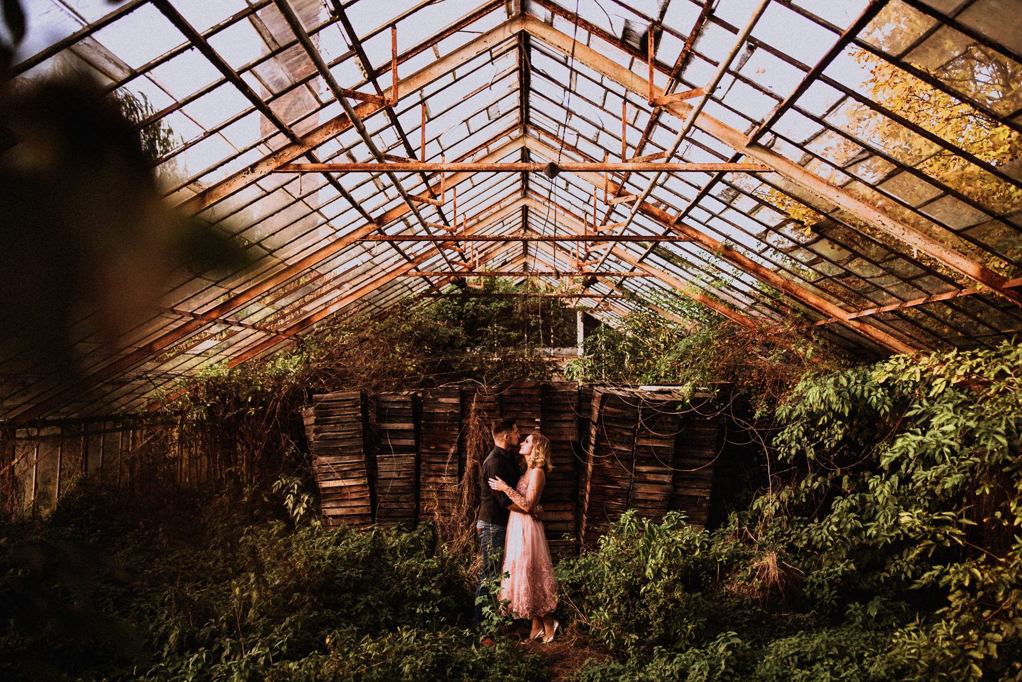 Para narzeczonych obejmująca się w opuszczonej szklarni z zardzewiałą konstrukcją i bujną roślinnością, kobieta w różowej sukience z koronkowymi rękawami i połyskujących szpilkach.