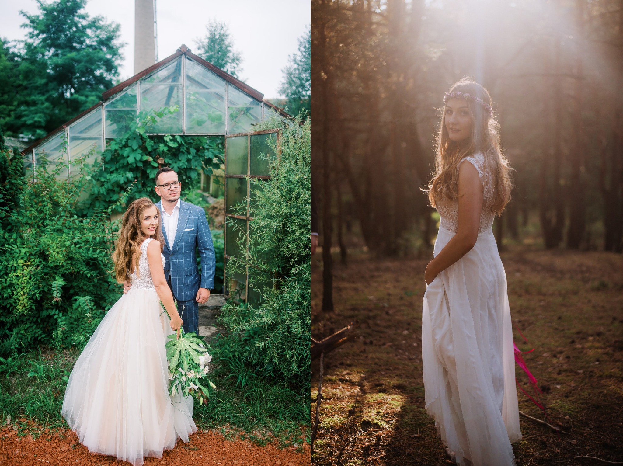 Dwie scenerie ślubne: para przed szklarnią porośniętą zielenią, panna młoda w lesie z promieniami słońca.