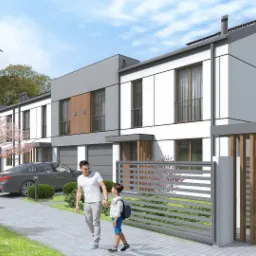 Wizualizacja szeregu nowoczesnych domów jednorodzinnych z płaskimi dachami, szarymi elementami i drewnianymi akcentami, z ludźmi i samochodami na podjeździe w słoneczny dzień.