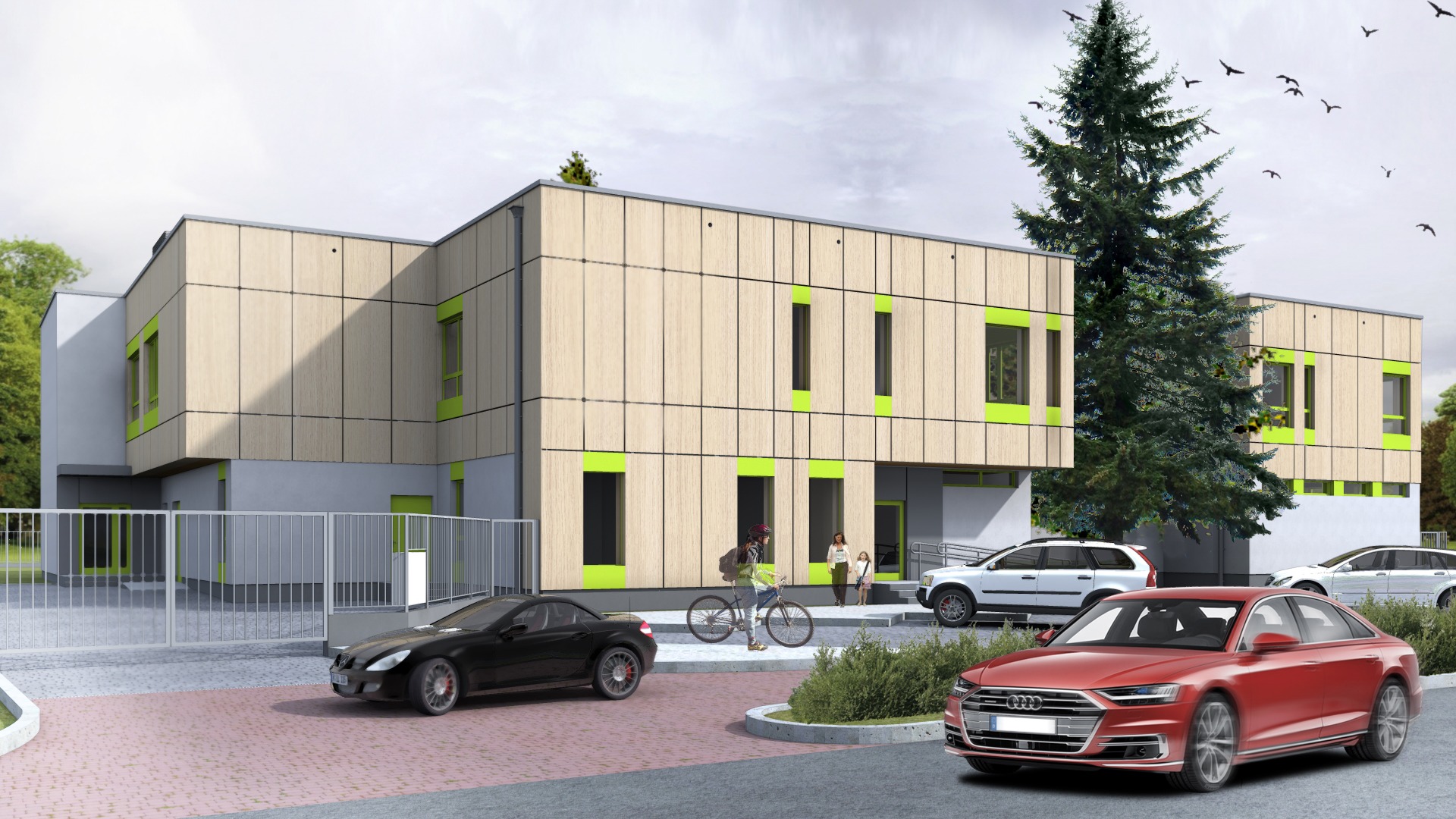 Wizualizacja budynku usługowego z elewacją z paneli imitujących drewno i jaskrawozielonymi obramowaniami okien, z rowerzystą i pieszymi na chodniku oraz trzema samochodami na pierwszym planie,...