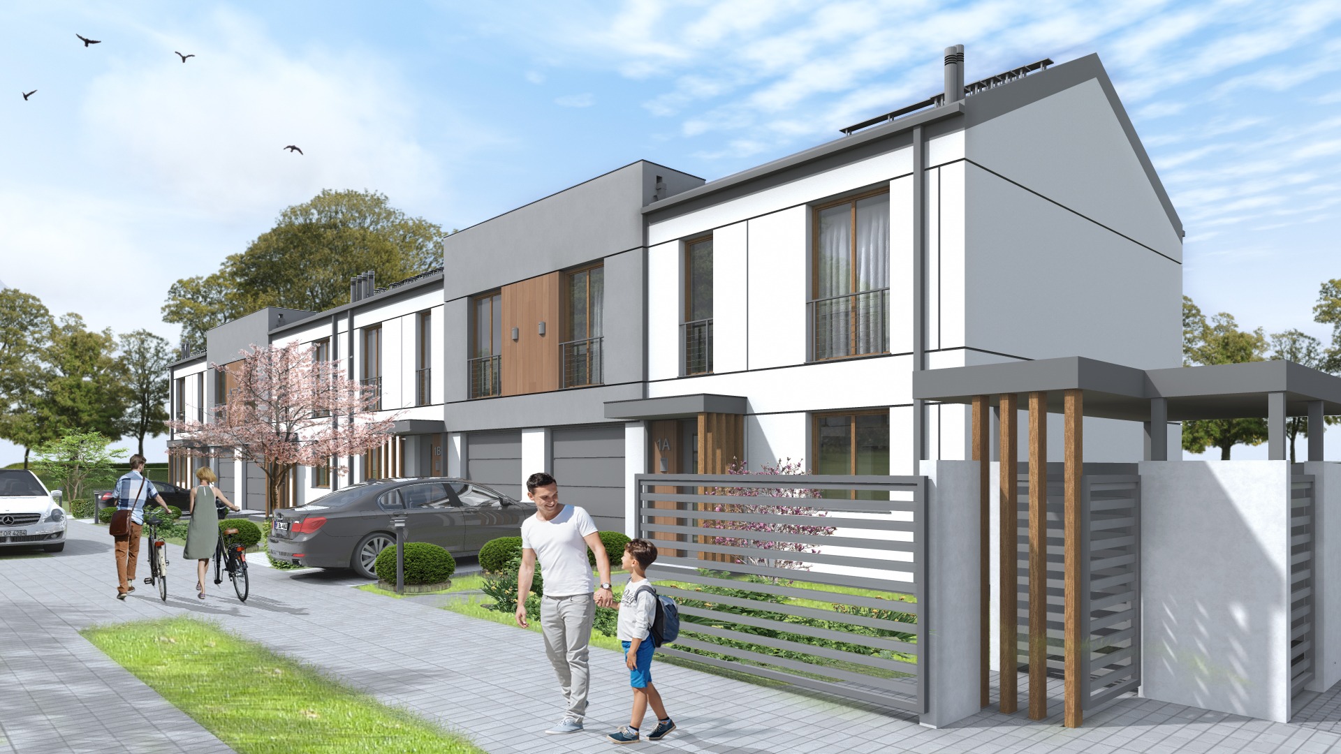 Wizualizacja szeregu nowoczesnych domów jednorodzinnych z płaskimi dachami, szarymi elementami i drewnianymi akcentami, z ludźmi i samochodami na podjeździe w słoneczny dzień.