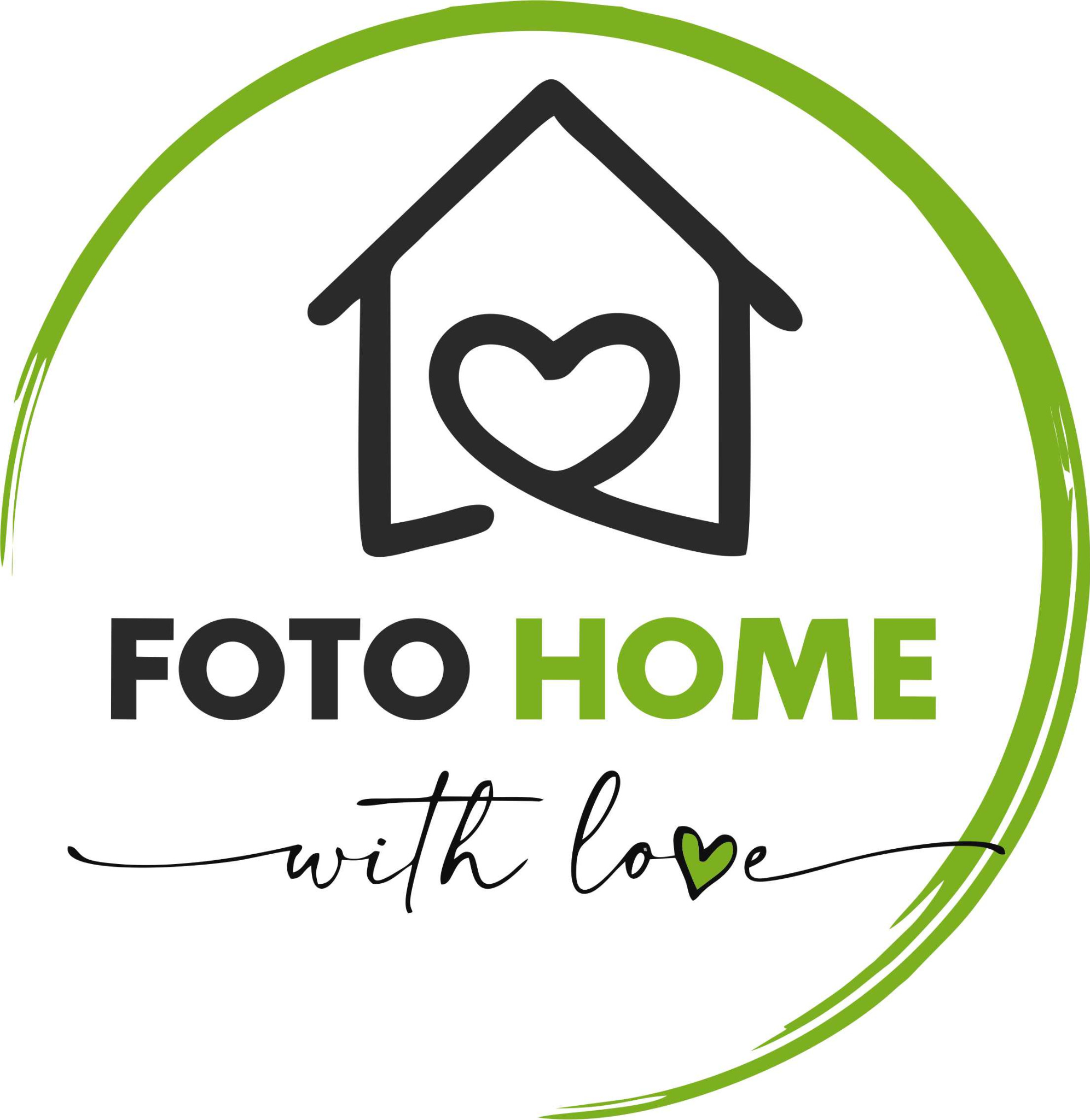 Logo Foto Home with Love: Dom z sercem w środku, otoczony zielonym okręgiem.