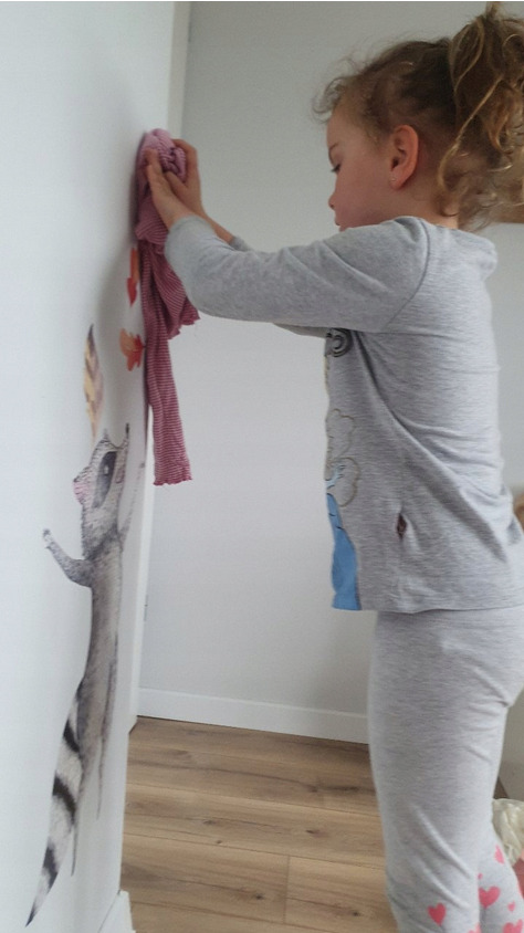 Dziewczynka w piżamie czyści ścianę z naklejką szopa pracza szmatką w paski.