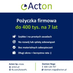 Szukasz dodatkowych środków na rozwój swojej firmy? A może chcesz refinansować swoje bieżące zobowiązania? Zawnioskuj o pożyczkę Acton! 💰

Nasz doradca pomoże Ci z wnioskiem!
🌐 acton.pl/kontakt
📧 kontakt@acton.pl
📱 600 128 797