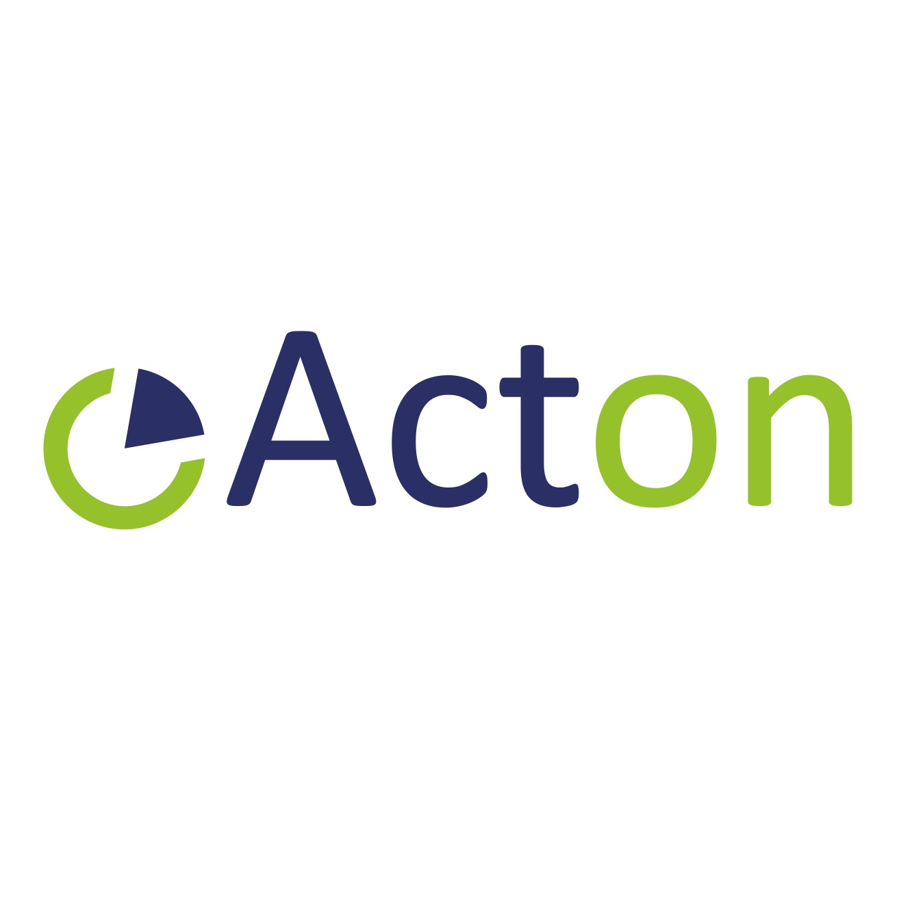 Logo firmy Acton: zielony symbol koła z wyciętym niebieskim fragmentem, obok niebieski napis 'Act' i zielony 'on' na białym tle.